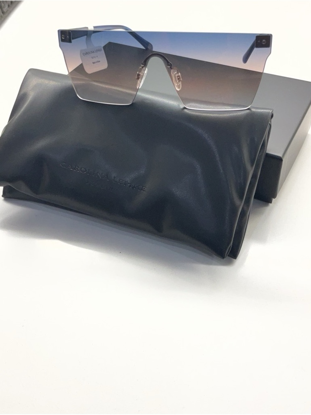 Gradient Blue Rimless Shield Sunglasses — Carolina Lemke